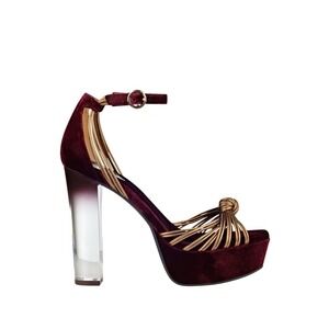 GUESS Peakabo Platform Open Toe Burgundy Velvet Suede & Gold Shoes US 7.5